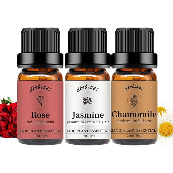 yethious Rose Jasmine Chamomile Essential Oil Set Organic 100% Pure Aromatherapy Oil for Diffuser, Soap, Candle Making 3 X 10ML - Bloomnest