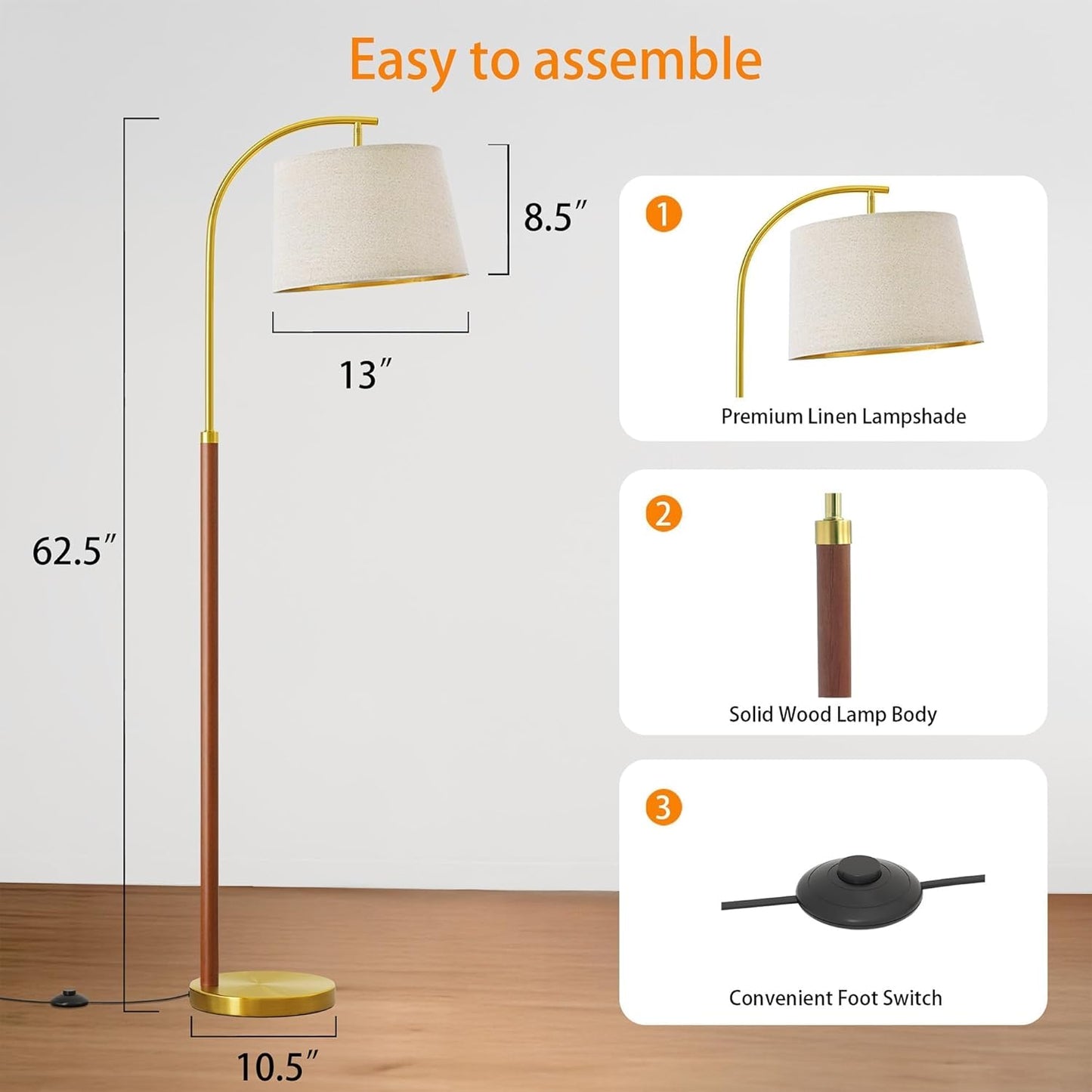 62.5" Wood Floor Lamp for Living Room Gold with Foot Switch Arc Standing Tall Lamps for Bedroom Mid Century Modern Corner Floor Lamps for Office Nursery Industrial Reading Light Room Lamp