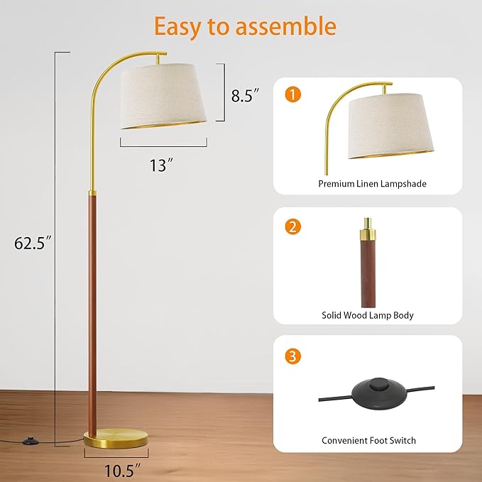 62.5" Wood Floor Lamp for Living Room Gold with Foot Switch Arc Standing Tall Lamps for Bedroom Mid Century Modern Corner Floor Lamps for Office Nursery Industrial Reading Light Room Lamp - Bloomnest
