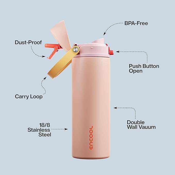 Insulated Water Bottle with Straw - Encool Stainless Steel Water Bottle with Push Button Lid, Leak-Proof & BPA-Free, Keeps Cold for 24 Hours for Sports, Travel, Gym (24 oz, Pink Daisy-Red) ENCOOL