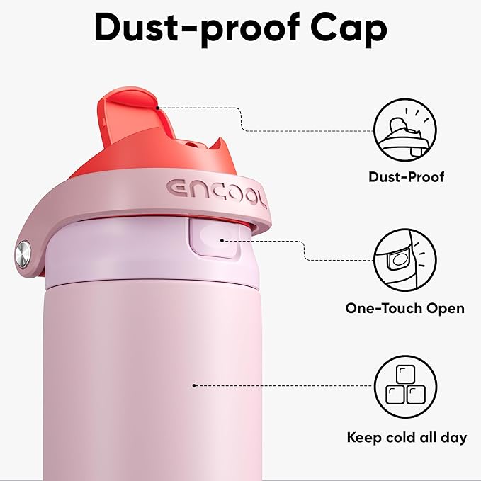 ENCOOL Leakproof Insulated Water Bottle with Straw Dual-Sip Water Bottle Bag-Safe Design for Work, Commute & Gym – Keeps Drinks Cold All Day, 24 oz, Lychee Pink ENCOOL