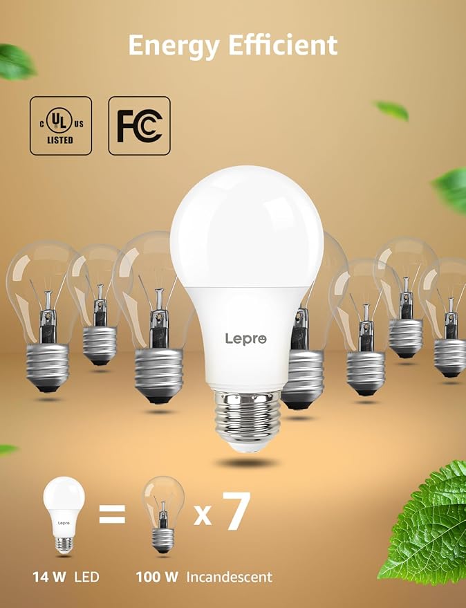 Lepro Dimmable LED Light Bulbs 100 Watt Equivalent, 14W 1500LM Soft Warm White 2700K, A19 E26 Standard Medium Base, UL FCC Listed, 15000 Hour Lifetime, 6 Packs - Bloomnest