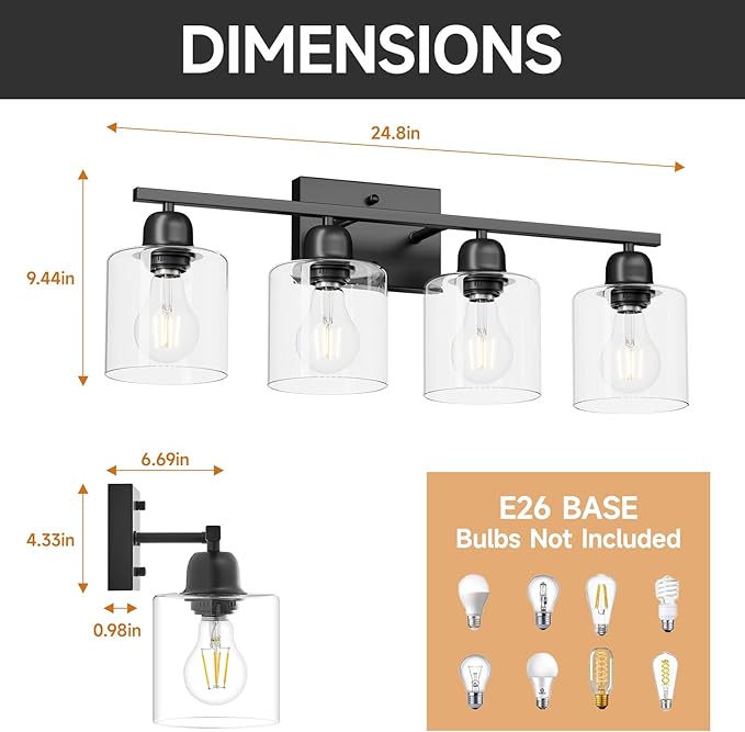 Modern 4 Light Bathroom Light Fixtures, 24 inch Bathroom Vanity Light with Clear Glass for Mirror Kitchen Living Room Hallway Cabinet Porch - Bloomnest