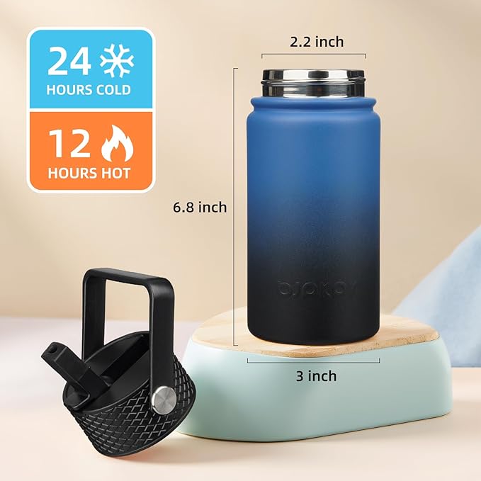 BJPKPK Insulated Water Bottle with Straw Lid, 15oz Cute Water Bottles, Stainless Steel Metal Thermo, Reusable BPA Free Leak Proof Tumblers, Cups,Blue Black - Bloomnest