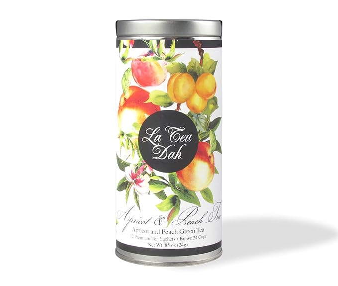 Apricot Peach Green Tea by La Tea Dah, Deliciously Fruity Peach Tea Made with Lightly Caffeinated Gunpowder Green Tea Leaves and Natural Flavoring, Premium Tea Packaged for Gifting (12 Sachets)