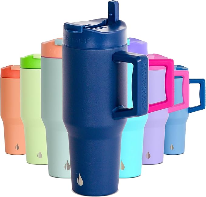 Elemental 32 oz 100% Leak Proof Tumbler with Handle & Straw - Stainless Steel Double Wall Insulated Tumbler for Hot and Cold Beverages - Travel Coffee Mug with Sip & Straw Lid - Navy - Bloomnest