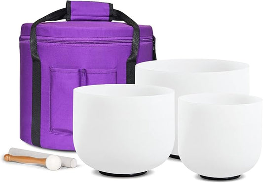 CVNC 440HZ 7"G+9"E+11"C 3 PCS Frosted Crystal Singing Bowls Set with Bag Mallets and Rubber O-rings for Sound Healing Bath Therapy Meditation Yoga Instrument Zen - Bloomnest