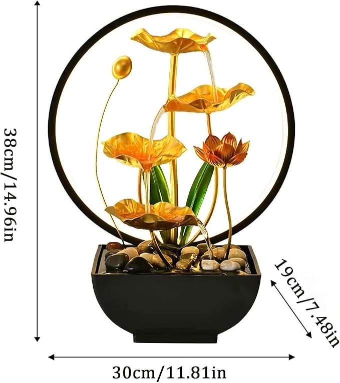 Tabletop Water Fountain Lotus Leaf Indoor Waterfall Fountain, 15 in USB Powered Tabletop Lotus Water Fountains with 1 Replacement Water Pump (Gold Large) - Bloomnest
