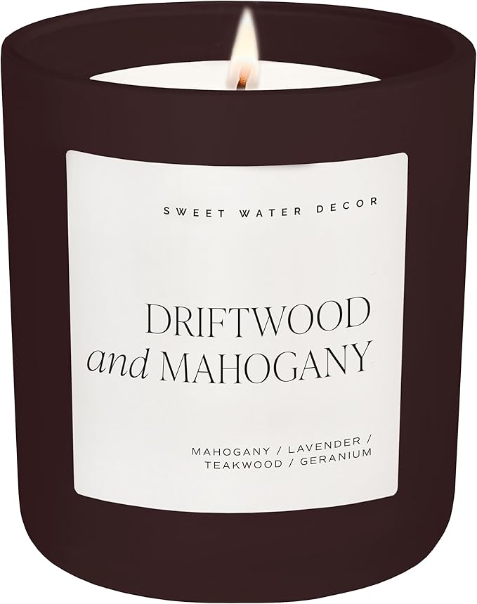 Sweet Water Decor Driftwood & Mahogany Candle, Large 15oz Jar, Non-Toxic Soy Wax Blend Scented with Lavender, Teakwood & Geranium, Woodsy Candle, Long-Lasting 70+ Hour Burn - Bloomnest