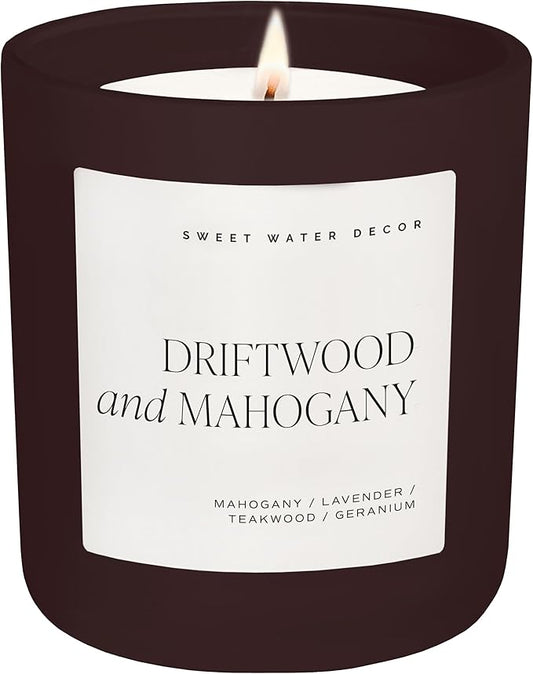 Sweet Water Decor Driftwood & Mahogany Candle, Large 15oz Jar, Non-Toxic Soy Wax Blend Scented with Lavender, Teakwood & Geranium, Woodsy Candle, Long-Lasting 70+ Hour Burn - Bloomnest
