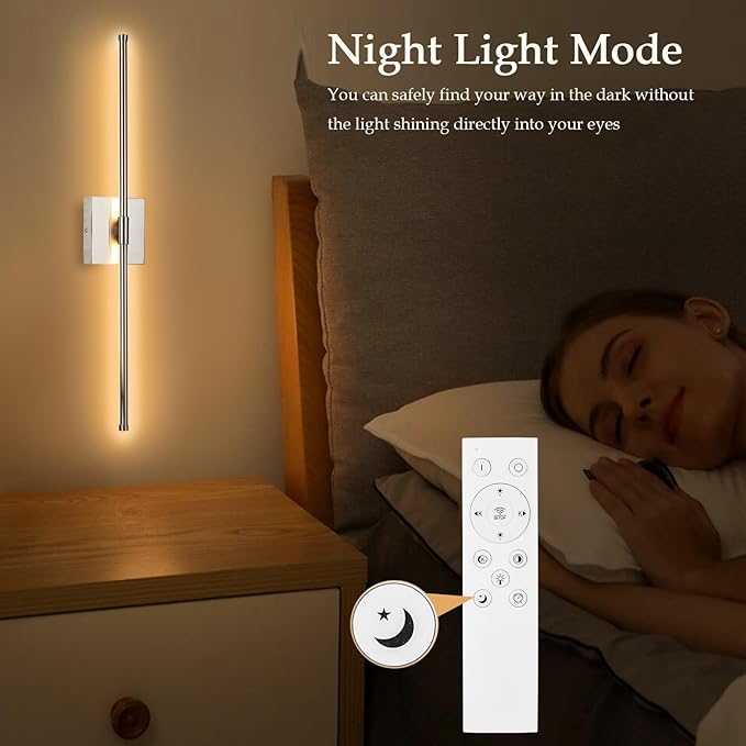 LED Wall Sconces with Remote Control, Dimmable Wall Sconces Set of 2, 5 Colors 3000K-6500K & Dimmable, Hardwire Wall Light with Timer & Night Light, LED Nickel Wall Lamps for Living Room, Bedroom - Bloomnest