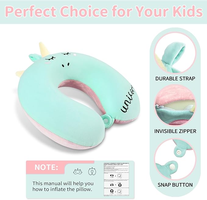 Neck Travel Pillow for Kids, Unicorn Airplane Memory Foam Pillow with Cute Sleep Mask & Earplugs, Lightweight Travelling Sleeping Pillow Set for Car, Train, Bus and Home Use (Blue) - Bloomnest