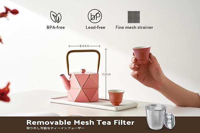 Toptier Cast Iron Teapot, Stovetop Safe Japanese Cast Iron Tea Kettle, Diamond Design Tea Pot with Removable Infuser for Loose Tea, 30 Ounce (900 ml), Pink - Bloomnest