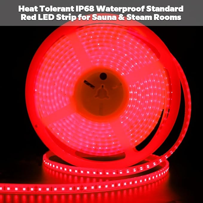 DC24V 630nm Red LED Strip for Sauna Lighting, Flexible Cuttable Dimmable Long 5m 16.4ft 600 LEDs Heat-Resistant IP68 Waterproof Chromotherapy Sauna Light Tape (Ordinary Red) Bloomnest