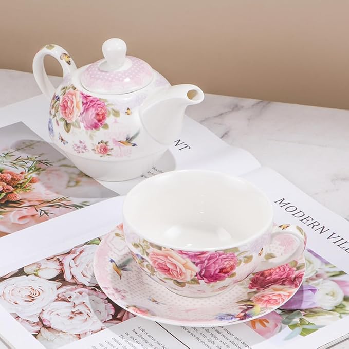 ONEUSTAR Tea for One Set Ceramic Floral Teapot and Cup Saucer Set for Women Mother's Day Birthday Gift in Reusable Handmade Gift Box, Pink - Bloomnest