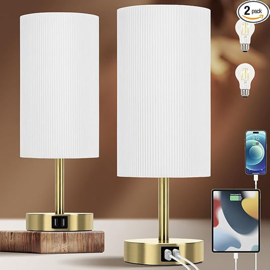 Yarra-Decor Bedside Lamp with USB A+C Charging Ports Set of Two - Touch Control Table for Bedroom Wood 3 Way Dimmable Nightstand Round Pleated Shade Home Office (LED Bulb Included) - Bloomnest