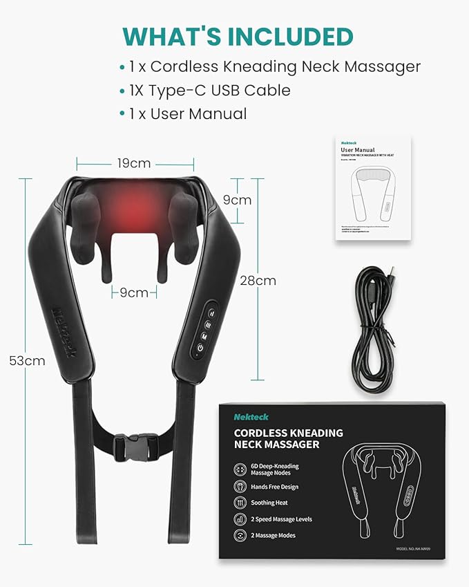 Nekteck Neck Massager, Cordless 6D Shiatsu Neck and Back Massager, Neck Massager for Pain Relief Deep Tissue, Ideal Gift for Men and Women, Ideal for Home, Office and Car, with Heat, Black - Bloomnest