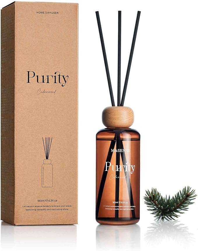 M&SENSE Reed Diffuser Set, Cedarwood Scented 6.3 fl oz Natural Essential Oil Diffusers with Sticks, Non-Toxic Organic Air Freshener, Long-Lasting Fragrance Oils for Living Room Bedroom Gifts for Women