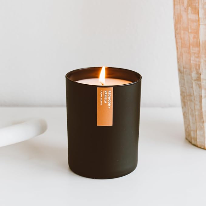 Calyan Wax Co. Redwood & Vanilla Scented Candle - 75 Hour Burn - Luxury Non Toxic Soy Wax Candles - Long Lasting Black Tumbler Jar Candle for Home - 10.2oz - Bloomnest