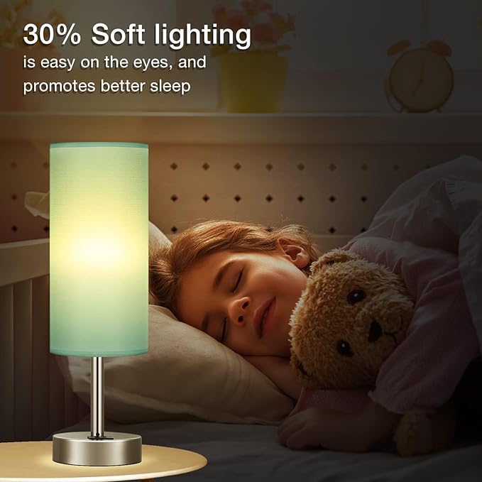 Teal Touch Bedside Lamps for Bedroom - Small Coastal Nightstand Lamp with USB-C and USB A Charging Ports, 3 Way Dimmable Control Table Lamp for Office, Dorm with Fabric Shade Silver Base - Bloomnest