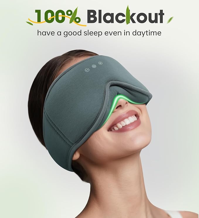 Bamboo Cotton Sleep Mask with Bluetooth Wireless Headphones - Blackout Eye Mask for Sleeping 3D Contoured Sleep Headband Ear Muffs Lengthen & Low Noise Hook for Better Experience (Grey) - Bloomnest