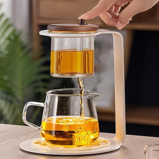 Lazy Kungfu Drip TeaPot, Heat Resistant Tea Set, Semi-Automatic Glass Teapot Suit for Magnetic Water Flow Wooden Glass Teapot Set