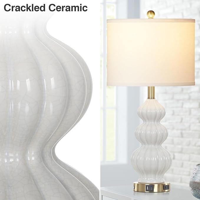 Modern White Table Lamps Set of 2 - Bedside Lamps for Night Stands, 26" Triple Gourd Ceramic Lamps for Living Room with USB A+C Ports & AC Outlet,3 Way Touch Lamps for Bedroom (LED Bulbs Included) - Bloomnest