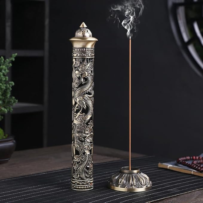 Incense , Bronze Tone Dragon Incense Stick Holder, Meditation Room Vertical Incense Stand for Home Office Decoration - Bloomnest