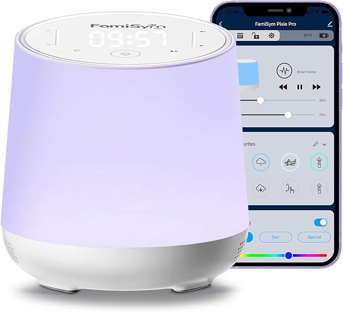 FamiSym White Noise Machine for Baby & Kids, Nursery Night Light & Alarm Clock, Dimmable Clock & Temperature Display, 34 Soothing Sounds, Toddler Sleep Trainer