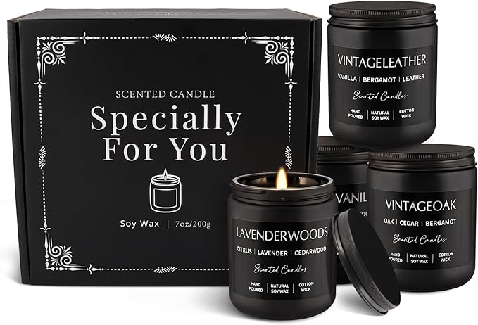 Scented Candles Gift Set - 4 Pack (7oz Each) Soy Wax Aromatherapy Candles with Essential Oils, Smokeless - Leather & Smoke, Vanilla Oakmoss, Lavender for Office, Gifts - Bloomnest