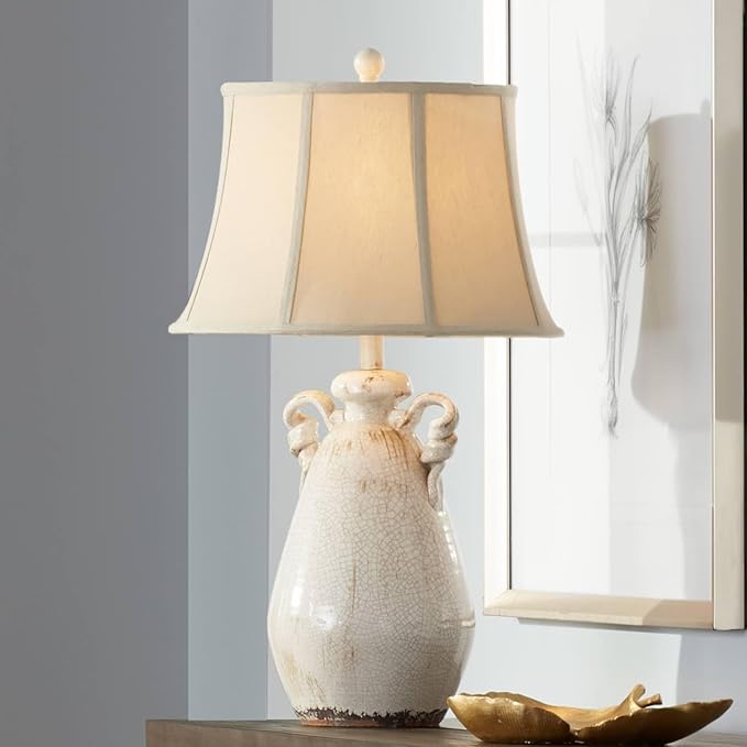 Regency Hill Isabella Country Cottage Jar Accent Table Lamp Rustic 27" Tall Ivory Ceramic Milk Crackle Beige Bell Shade Decor for Living Room Bedroom House Bedside Reading (Colors May Vary) - Bloomnest