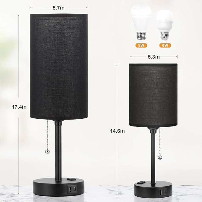 Dicoool 17Inch Tall Bedroom Lamps with USB C and A Ports 3 Color Temperatures - Pull Chain Black Nightstand Bedside Table Lamp with AC Outlet, Side Lamp for Living Room End Table - Bloomnest