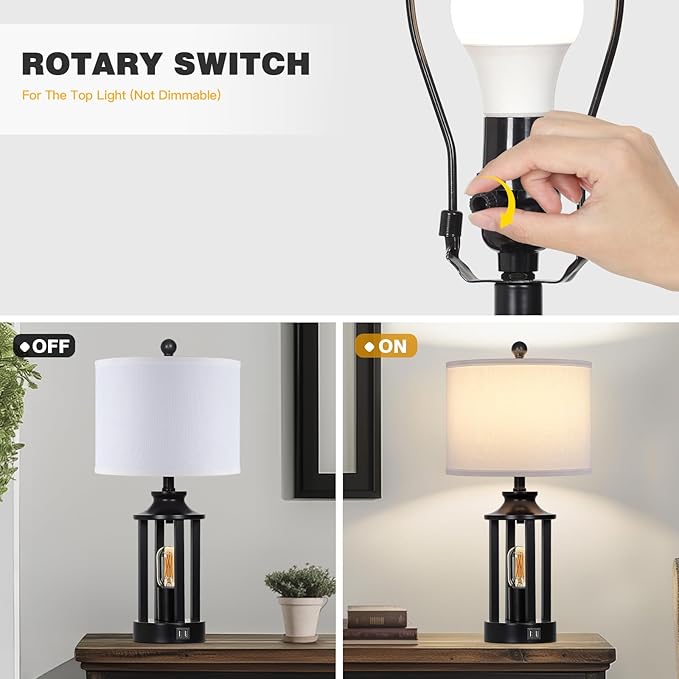 Black Living Room Lamps Set of 2, 3 Way Dimmable Touch Control Farmhouse Table Lamps with 2 USB Ports, Retro Bedside Lamp with 2 LED Nightlight,Rustic Bedroom Lamp for Nightstand(4 LED Bulbs Included) - Bloomnest