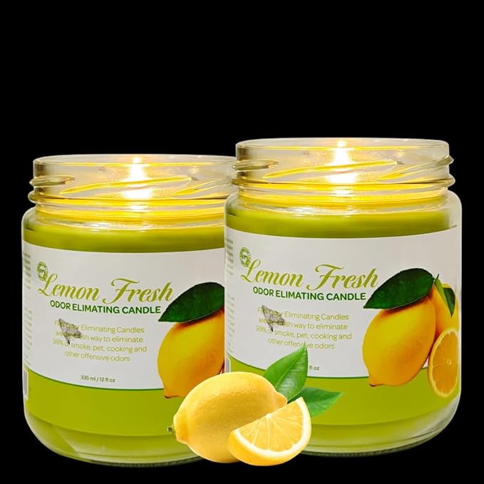 Candle Set Lemon Fresh Odor Eliminating – 2 Pack - 12oz – Long-Lasting Soy Wax Candles – Neutralizes Pet, Kitchen & Smoke Odors – Clean Burn, Eco-Friendly, Aromatherapy Candle - Bloomnest