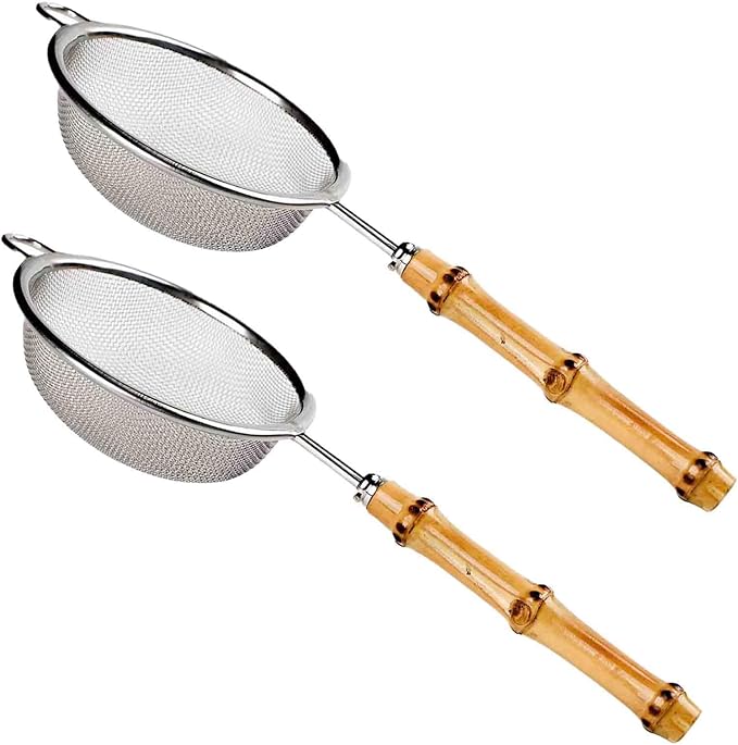 2 Pack Tea Strainer with Bamboo Root Handle Stainless Steel Mesh tea infuser for loose leaf Tea steeper Cocktail Strainer Tea Coffee Juice Strainer Food Strainer with Handlle (Natural Handle) - Bloomnest