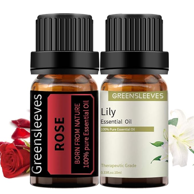 GREENSLEEVES Rose and Lily Essential Oil Set, 100% Pure Oils for Diffuser, Humidifier, Massage - 2 x 10ml GREENSLEEVES