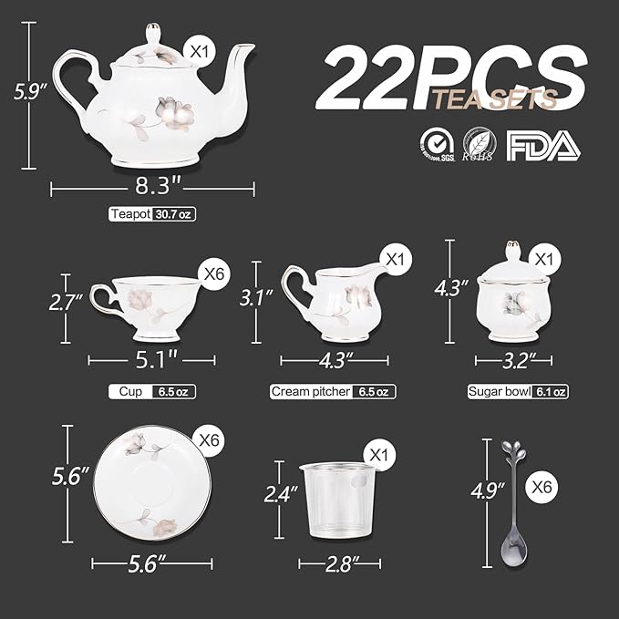 CHENP.HMC Porcelain Ceramic 22-Piece Tea Set, Teapot and Cup Set, 30.7 Ounces, for 6, Gift Sets, Tea or Coffee Lovers, Wedding, Birthday - Bloomnest