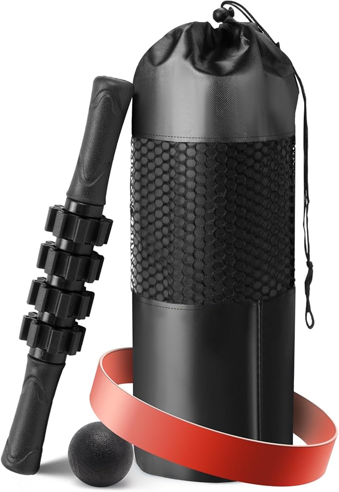 5 in 1 Foam Roller Set - Trigger Point Foam Back Roller, Muscle Roller Stick, Massage Ball, Stretching Band for Deep Muscle Massage Pilates Yoga,Fitness Exercise for Whole Body Release (Pure Black) - Bloomnest