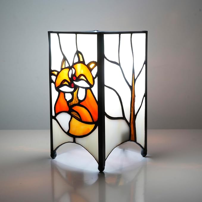 Tiffany Lamp Orange Stained Glass Table Lamp Small Foxes Animal Night Light Mini Retro Bedside Table Light for Home Decor Boys Girls Christmas Halloween Gifts - Bloomnest