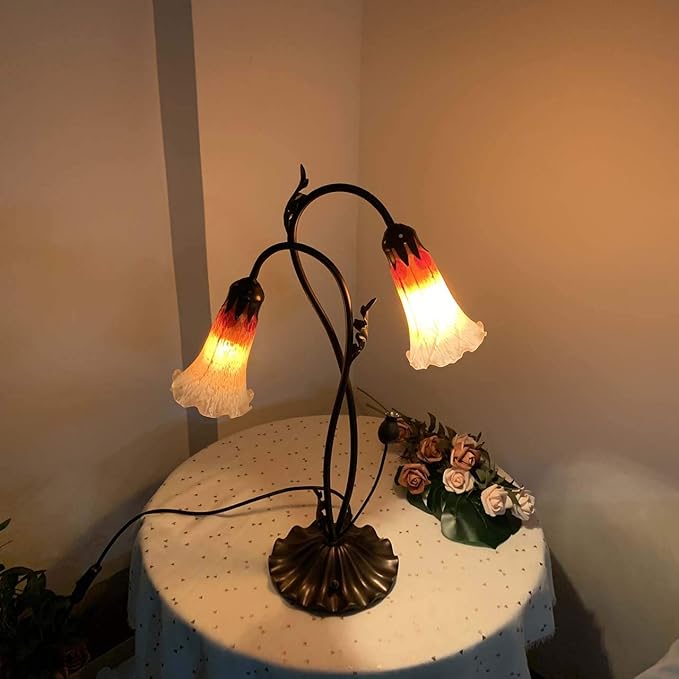 Bieye L10698 Lily Flower Blown Glass Accent Table Lamp for Living Room Bedroom Decoration (2-Light, Orange) - Bloomnest