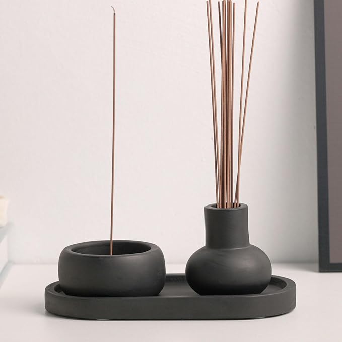 Concrete Incense Burner Set with Holder and Tray,Multifunction Incense Holder for Burning Sage,Palo Santo,Incense Sticks,Ideal for Meditation Home Decor(Black) - Bloomnest