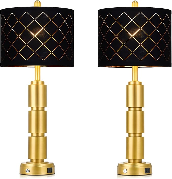 Set of 2 Modern Table Lamps for Living Room Bedroom,29" Tall Bedside Lamp with 2 USB Port,Gold Metal Touch Nightstand Lamp with Black Grid Shade for End Table Entryway,Gold - Bloomnest