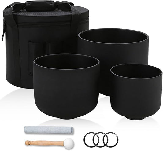 432HZ 7-11 Inch 3 Pcs Black Frosted Crystal Singing Bowl Set for Meditation Healing Yoga Chakra Quartz Crystal Sound Bowls with Heavy Duty Carry Cases and Rubber Mallet,Suede Striker,O-rings - Bloomnest