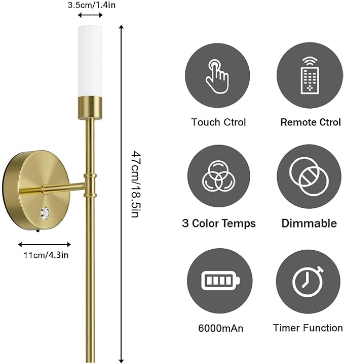 Gold Battery Operated Wall Sconces Set of Two,6000mAh Rechargeable Wall Sconce 3 Colors Stepless Dimming Wireless Wall Lights with Remote Control for Bedroom,Living Room - Bloomnest