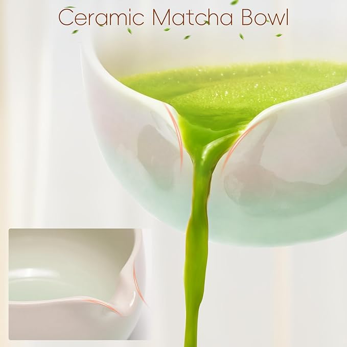 Matcha Whisk Set, Ceramic Matcha Set Includes Bowl & Holder, Bamboo Whisk (Chasen), Scoop, Spoon and Sifter, 6PCS Matcha Kit Covers Everything Needed for Making Matcha (Green) - Bloomnest