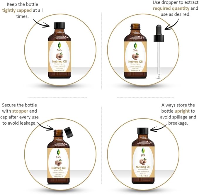 SVA Nutmeg Essential Oil – 4 Fl Oz – 100% Natural Nutmeg Oil - for Diffuser, Hair Care, Face, Skin Care, Aromatherapy, Scalp and Body Massage, Soap and Candle Making – with Dropper - Bloomnest
