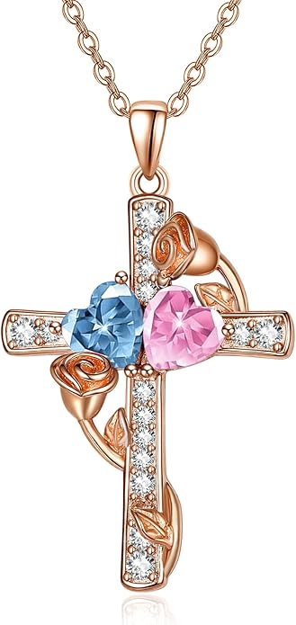 Rose Gold Dual Birthstones Cross Necklace for Women Rose Flower Jewelry Anniversary Christmas Mother's Valentine's Day Birthday Gift for Wife Girlfriend Mom - Bloomnest