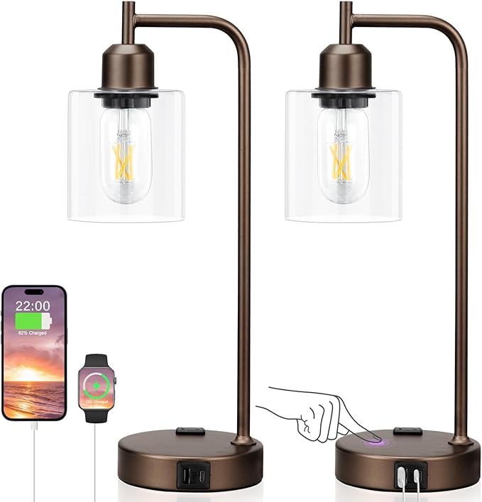 Innqoo Industrial Touch Table Lamps for Bedrooms Set of 2-3-Way Dimmable Lamps with USB C+A Ports and Outlet, Brown Bedside Lamps with Clear Glass Shade for Living Room, Desk Lamps for Home Office - Bloomnest