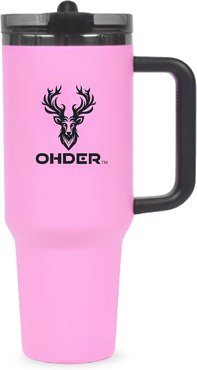 40 oz Tumbler with Handle and Straw | Vacuum Insulated Double Wall Stainless Steel Travel Mug | Leakproof, Hot and Cold | Cup Holder Friendly Base (Pink) - Bloomnest