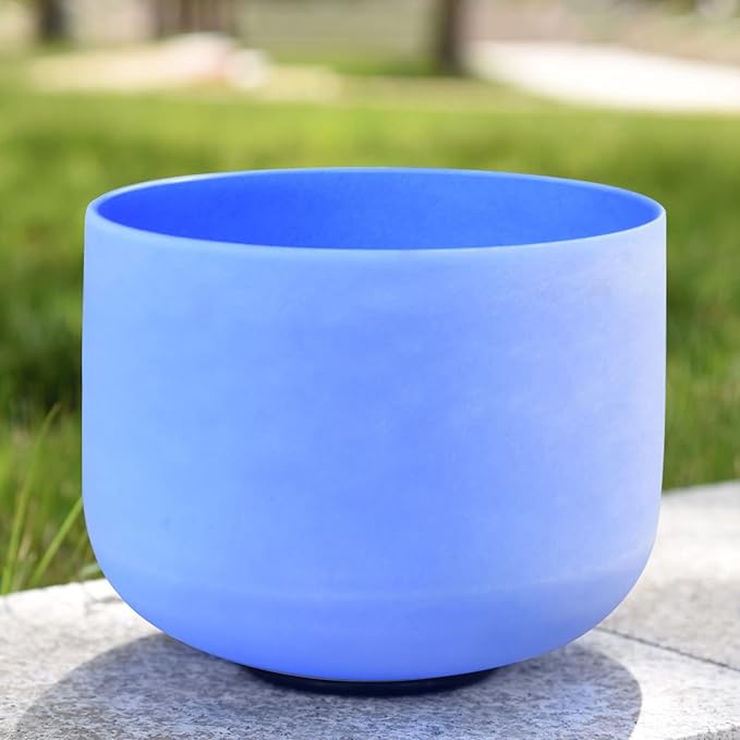 RYAN DVAN 8” G Note Blue Frosted Throat Chakra Crystal Singing Bowl with Free Heavy-Duty Carrying Case and Suede Striker O-Ring - Bloomnest